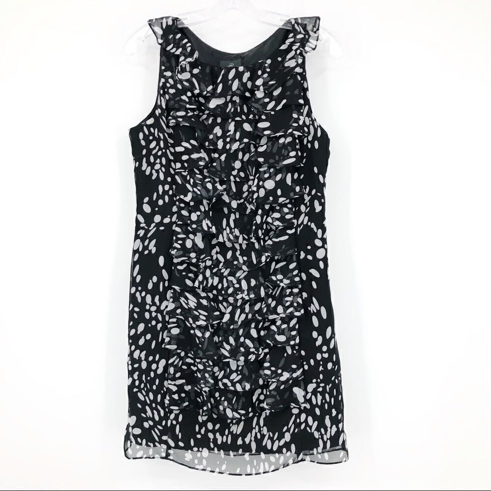 Adrianna Papell Dress Ruffled Sheath Black & White Printed Sleeveless Chiffon